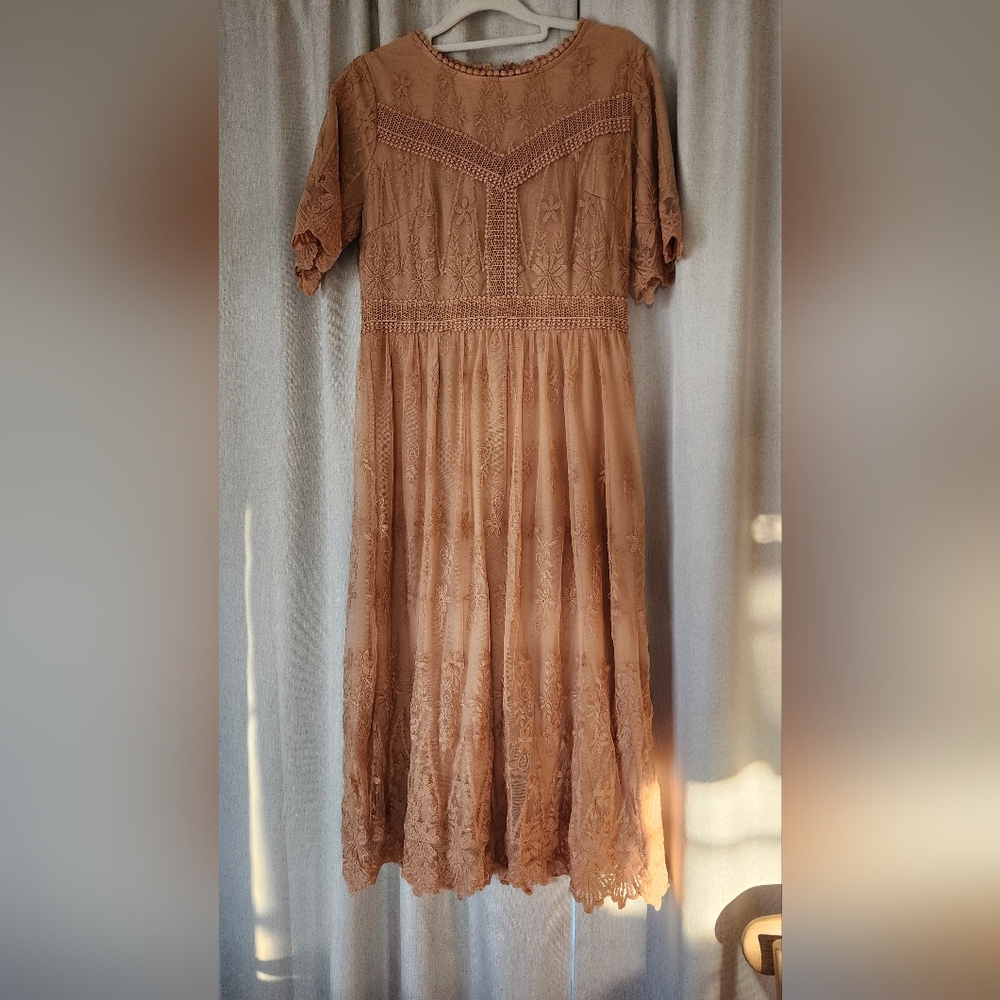 Roolee Lace Midi Dress in Brown